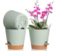 Ensemble de 3 pots de fleurs en plastique auto-arrosants Unyqoos®, de forme ronde avec soucoupe, diamètre 20 cm, hauteur 19 cm, de couleur verte – idéal pour les herbes aromatiques, les plantes succul