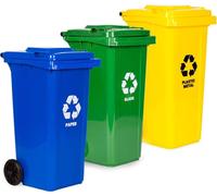 Ensemble de 3 poubelles de 120 L, en PEHD, bleu/vert/jaune