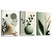 Ensemble de 3 tableaux encadrés sur toile, représentant des feuilles vertes, dimensions 30 x 40 cm