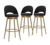 Ensemble de 3 tabourets de Bar pivotants, Hauteur comptoir, Dossier Bas, en Velours, Pieds en métal doré, Hauteur d'assise 65 cm, Noir.