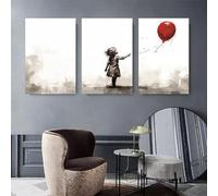 Ensemble de 3 toiles murales, représentant une fille en noir et blanc avec un ballon rouge, style graffiti abstrait moderne pour le salon (50 x 70 cm x 3 / sans cadre)