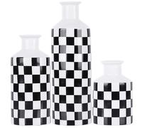 Ensemble de 3 vases décoratifs en céramique à Motif échiquier - Vases d'appoint en Porcelaine Noire et Blanche de hauteurs variées - Décoration d'intérieur Moderne et Minimaliste pour Salon (Noir)