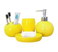 Ensemble de 4 Accessoires de Salle Bain Jaunes, Distributeur Savon en céramique avec Porte-Brosse à Dents, Porte-Savon et gobelet, Ensemble Complet -Brosse à Dents