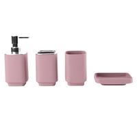Ensemble de 4 accessoires de salle de bain en plastique, de couleur rose, comprenant : distributeur de savon, gobelet, porte-savon et support pour brosses à dents