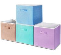 Ensemble de 4 boîtes de rangement pliables en tissu Unyqoos®, avec poignées, couleur pastel (rose clair/vert clair/bleu clair/violet clair), dimensions : 33 x 38 x 33 cm, en lin et carton