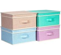 Ensemble de 4 boîtes de rangement pliables Unyqoos®, dimensions 33,5 x 31,75 x 17,5 cm, avec couvercle et poignée, en carton/lin, couleurs : rose clair, vert clair, bleu clair, violet clair