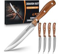 Ensemble de 4 couteaux à steak avec manche en bois, présenté dans une boîte cadeau. Lames en acier inoxydable à dents de scie. Longueur : 24,4 cm (9,64 pouces)