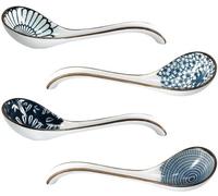 Ensemble de 4 cuillères à soupe en céramique Ibzoa®, style japonais pour ramen, longueur de 16,4 cm, résistantes à la chaleur, de couleur blanche et bleue, avec une longue poignée incurvée et une base