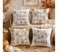 Ensemble de 4 housses de coussin minimalistes d'automne à carreaux abricot avec citrouille et feuille d'érable, imprimées sur un seul côté, en velours peau de pêche en polyester, 45*45CM, taie d'oreil