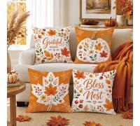 Ensemble de 4 housses de coussin minimalistes d'automne avec citrouille, feuille d'érable, plante et fruit, imprimées sur une seule face, en velours de peau de pêche en polyester, 45*45CM/18*18 pouces
