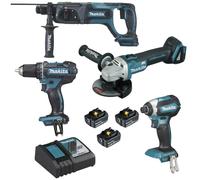 Ensemble de 4 machines 18 V LXT - Meuleuse DGA504 + Perceuse DDF482 + Perfo DHR241 + Visseuse DTD153 - MAKITA - 3 batteries 18V 5.0Ah, chargeur rapide - DLX4080TX1