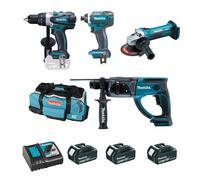 Ensemble de 4 machines 18V, Perceuse DDF458 + Meuleuse DTD152 + Perfo DHR202 + Visseuse DGA452 - MAKITA - 3 Batteries 18V 4.0Ah - chargeur - sac de transport - DLX4054MX1