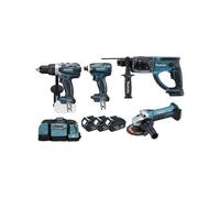 Ensemble de 4 machines 18V, Perceuse DDF458 + Meuleuse DTD152 + Perfo DHR202 + Visseuse DGA452 - MAKITA - 3 Batteries 18V 4.0Ah - chargeur - sac de transport - DLX4054MX1