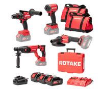 Ensemble de 4 machines ROTAKE 18V - Perceuse visseuse à percussion D2H-50D + Meuleuse G1-125 + PERFORATEUR 8902 + Scie circulaire 8303 + Visseuse à chocs S1 - ROTAKE - avec 1 batterie 18V 5Ah + charge