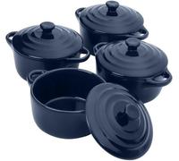 Ensemble de 4 mini-plats à gratin en céramique Unyqoos®, avec couvercles – bleu marine, 170 ml, 8 cm, adaptés au four, au micro-ondes et au congélateur, lavables au lave-vaisselle, sans plomb ni cadmi