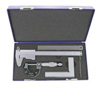 Ensemble de 4 outils de mesure pieds à coulisse analogue latte en inox 150 mm micromètre 0-25 mm équerre 100x70 mm MIB CMS41