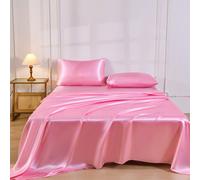 Ensemble de 4 pièces de draps de lit en satin de soie de couleur unie rose premium, 1 drap-housse & 1 drap plat & 2 taies d'oreiller Ensemble de protection de matelas (inserts d'oreiller non inclus) 9