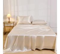 Ensemble de 4 pièces de draps de lit en satin soyeux de couleur unie beige premium, 1 drap-housse & 1 drap plat & 2 taies d'oreiller Ensemble de protection de matelas (inserts d'oreiller non inclus) 9