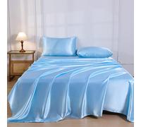 Ensemble de 4 pièces de draps de lit en satin soyeux de couleur unie bleu clair premium, 1 pièce drap-housse & 1 pièce drap plat & 2 taies d'oreiller Ensemble de protection de matelas (inserts d'oreil