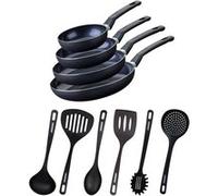 Ensemble de 4 poêles de 16 20 24 et 28 cm et 6 ustensiles Fackelmann Brandao Noir|Vert