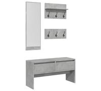 Ensemble de 4 porte-manteaux en bois d'ingénierie gris béton pour le | Montage mural, 6 crochets, banc à chaussures avec tiroirs, miroir, résistant à l'humidité, peu encombrant