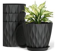 Ensemble de 4 pots de fleurs en plastique ondulés, convenant pour la plantation intérieure et extérieure, avec trous de drainage et plateaux, pots de fleurs à texture ondulée, convenant pour les plant