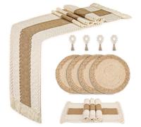 Ensemble de 4 sets de table avec assiettes de charge, sets de table et ronds de serviette, en toile de jute de coton naturel et en enveloppe de maïs, antidérapants et résistants à la chaleur - Sets de