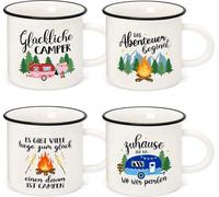 Ensemble de 4 tasses de camping en céramique Unyqoos® – 350 ml (diamètre 8 cm, hauteur 8 cm), poignée qui ne chauffe pas, idéal pour le camping, les camping-cars, la randonnée et les caravanes