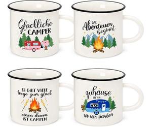 Ensemble de 4 tasses de camping en céramique Unyqoos® – 350 ml (diamètre 8 cm, hauteur 8 cm), poignée qui ne chauffe pas, idéal pour le camping, les camping-cars, la randonnée et les caravanes