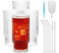 Ensemble de 4 verres à cocktail Unyqoos®, capacité de 350 ml, verres à long drink (verre de 3 mm d'épaisseur), avec 4 pailles en verre, 2 brosses pour pailles et une brosse de nettoyage – Motif "hobna