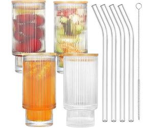 Ensemble de 4 verres à cocktail Unyqoos® de 350 ml, avec couvercles et pailles en verre – Verres vintage, comprenant 4 couvercles et une brosse de nettoyage, adaptés au lave-vaisselle, de -20°C à 212°