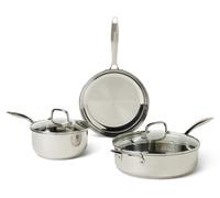 Ensemble de 5 casseroles Amazon Basics, set de poêles en acier inoxydable, compatible avec tous les types de plaques de cuisson, résistant à la chaleur jusqu'à 260°C, et lavable au lave-vaisselle