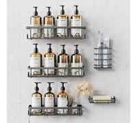 Ensemble de 5 étagères de salle de bain en acier inoxydable, de couleur grise, sans perçage, avec système de fixation adhésif