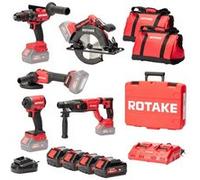 Ensemble de 5 machines ROTAKE 18V - Perceuse visseuse à percussion D2H-50D + Meuleuse G1-125 + PERFORATEUR 8902 + Scie circulaire 8303 + Visseuse à chocs S1 - ROTAKE - avec 4 batteries 18V 5Ah + charg