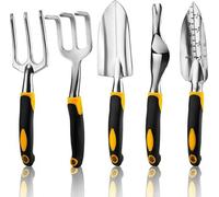 Ensemble de 5 outils de jardinage comprenant une pelle, une bêche, une herse, une pince à gazon et un sécateur, dotés de têtes en aluminium moulé robuste et de manches ergonomiques