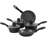 Ensemble de 5 pièces comprenant des poêles et des casseroles - Adapté aux plaques à induction, avec revêtement antiadhésif et couvercles en verre, en aluminium avec effet marbré