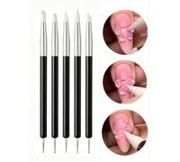 Ensemble de 5 pinceaux en silicone pour nail art en acrylique, pointe pointue sculptée noire, outils de décoration d'ongles DIY en gel UV pour polissage, dessin de fleurs 3D et sculpture, double embou