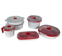 Ensemble de 5 récipients pour micro-ondes, comprenant : 1 récipient de 4 litres, 1 récipient de 2 litres, 1 cuiseur vapeur, 1 cuiseur à riz et 1 cuiseur à œufs