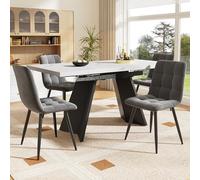 Ensemble de 5 tables de salle à manger extensibles modernes de 160 x 80 cm, table blanche pour 4 personnes avec pieds plats et 4 chaises en velours gris, meubles de salle à manger élégants pour petits