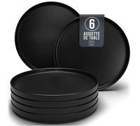 Ensemble de 6 Assiettes Plates Noires Mattes Manhattan -Teller en Grès Premium, Adaptés au Lave-vaisselle et au Micro-ondes- Élégantes Assiettes Noires pour 6 Personnes - Pure Living Urban Black