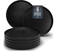 Ensemble de 6 Assiettes Plates Noires Mattes -Teller en Grès Premium, Adaptés au Lave-vaisselle et Grandes assiettes (6x) SALADIER