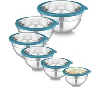 Ensemble de 6 bols à mélanger en acier inoxydable avec couvercles transparents, empilables, compatibles lave-vaisselle, de couleur bleue, avec les volumes suivants : 4,5 l / 2,8 l / 2,5 l / 1,6 l / 1,