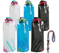 Ensemble de 6 bouteilles d'eau pliables et réutilisables Unyqoos® – 700 ml, en PET+PE, noires, blanches et bleues, avec mousqueton et cordon-porte-clés