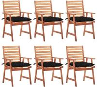 Ensemble de 6 chaises de jardin en bois d'acacia, dimensions 56x62x92 cm, avec coussins noirs résistants à l'eau. Design moderne à lattes. Robuste et durable, idéal pour le jardin, la terrasse, le bal