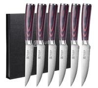 Ensemble de 6 couteaux à steak, en acier inoxydable allemand de haute qualité. Chaque couteau est doté d'une lame dentelée ultra-tranchante et d'un manche ergonomique en bois