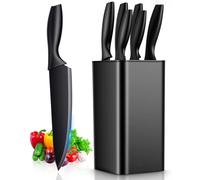 Ensemble de 6 couteaux de cuisine avec support | Acier inoxydable | Revêtement antiadhésif | Ensemble comprenant : couteau de chef, couteau à pain, économe et couteau utilitaire