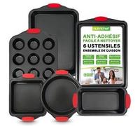 NutriChef, Moules à Pâtisserie, Lot de 6 Pièces avec Poignées en Silicone-Antiadhésifs, Moules à Cake-Muffins-Gâteau, Ronds-Carrés, Plaque à Biscuits,Passe au four, Noir