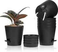 Ensemble de 6 pots de fleurs autonettoyants Unyqoos®, dimensions 14x14 cm, en plastique noir, avec système d'absorption par mèches et réservoir d'eau, sous-coupe, rebord d'arrosage amovible, épaisseur