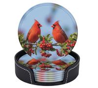 Ensemble de 6 sous-Verres Northern Birds Red Berries avec Support, en Cuir, pour la Table, la Cuisine, Le Bar ou la Maison. Décoration intérieure.
