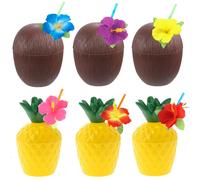 Ensemble de 6 tasses à boire en noix de coco, ananas Tropical, tasses à jus, paille d'été, Luau, flamant rose, anniversaire, plage, piscine, fête, décoration hawaïenne Ensemble de 6 pièces assorties